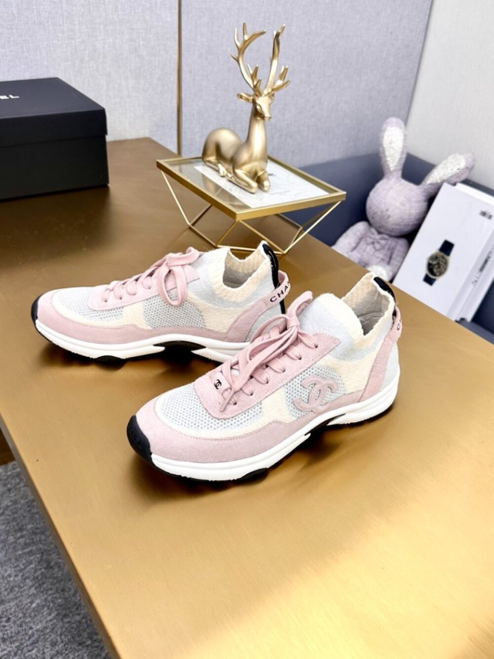 Chanel Pink Mesh Suede CC Logo Sneakers